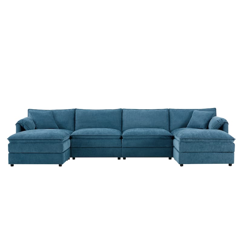 Chenille Modular Cloud Couch Oversized Sectional Sofa with Ottoman - Blue+6 Seat