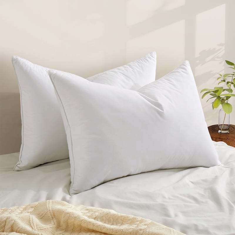 Set of 2 Premium Goose Feather Down Bed Pillows with 300TC Cotton Cover - White