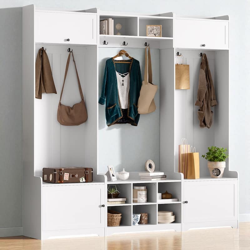 79" Wide Modern Hall Tree with 8 Cubbies, 7 Hooks, Adjustable Shelf & Storage Bench for Entryway and Hallway