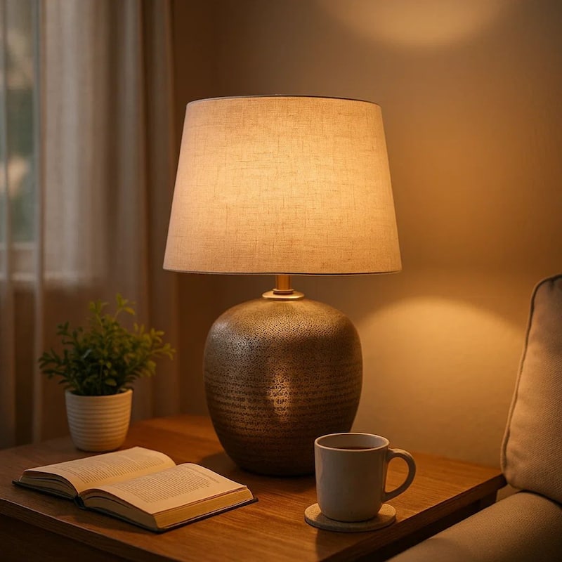 Bellied metal Body Table Lamp with Splotched Details, Brass and Cream