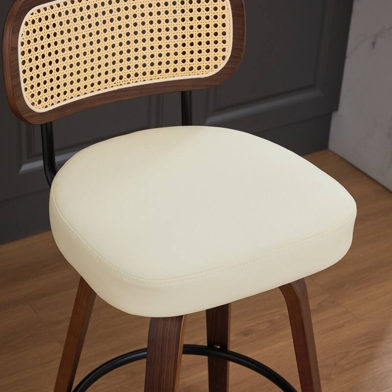 Grondin Swivel Counter Height Bar Stools Set, Rattan Backrest and PU Leather Upholstery Seat Counter Stools for Kitchen Island