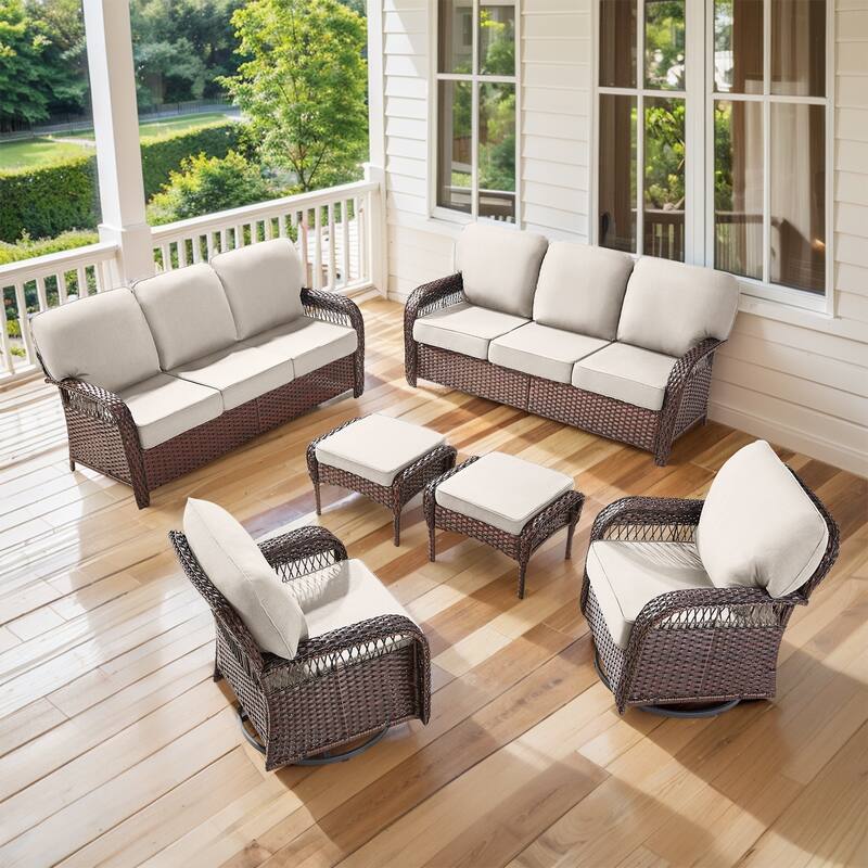 Pocassy Patio Outdoor Sofa Ottoman with Swivel Chair Table Funiture Set. - Brown Wicker Beige Cushion - 6-Piece Sofa Swivel Chair with Ottoman