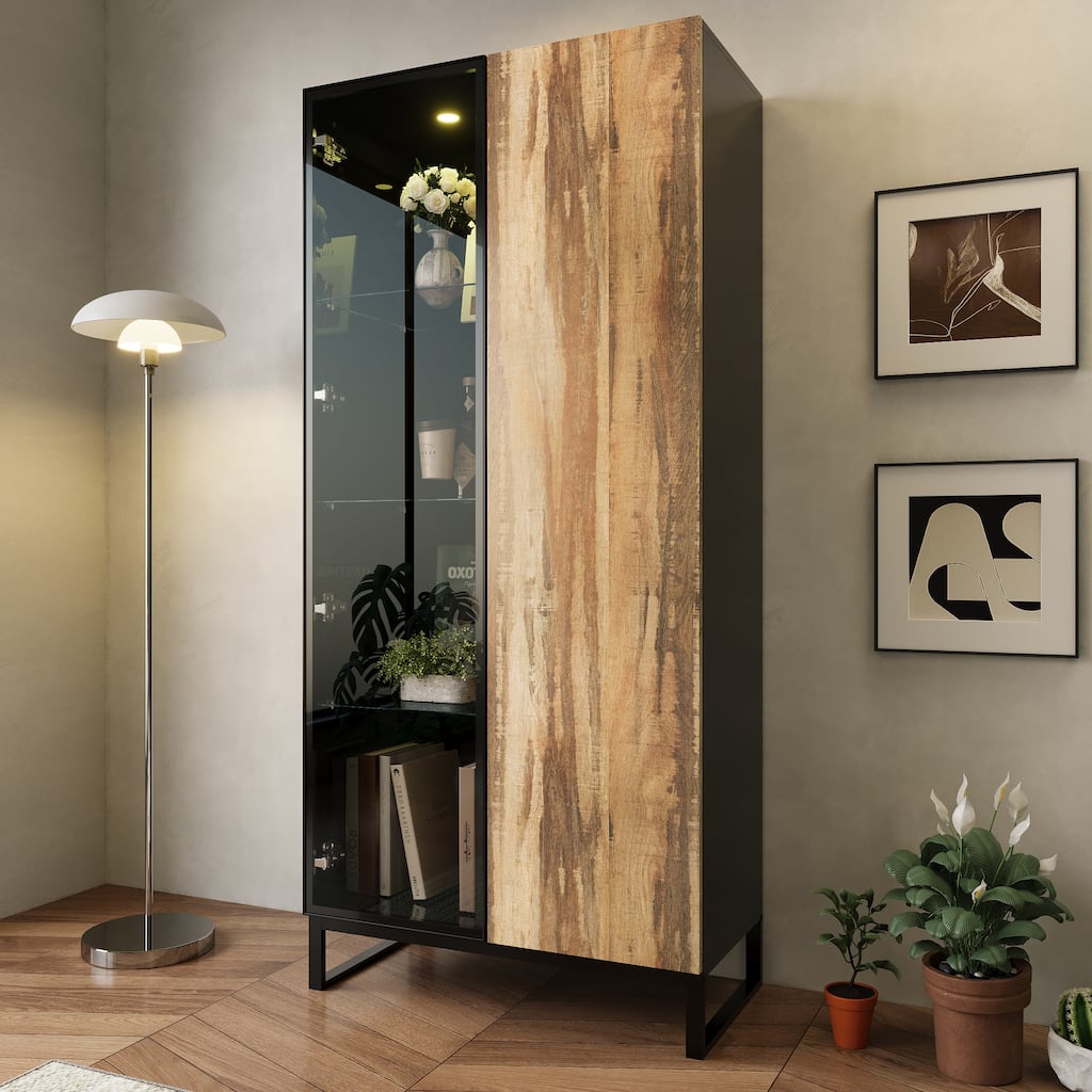 Glass Display Cabinet with LED Spotlight and Wood Grain Door Tall Aluminum Frame Curio Cabinet