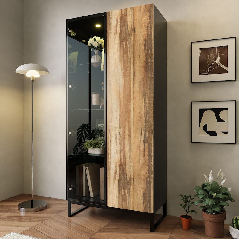 Glass Display Cabinet with LED Spotlight and Wood Grain Door Tall Aluminum Frame Curio Cabinet