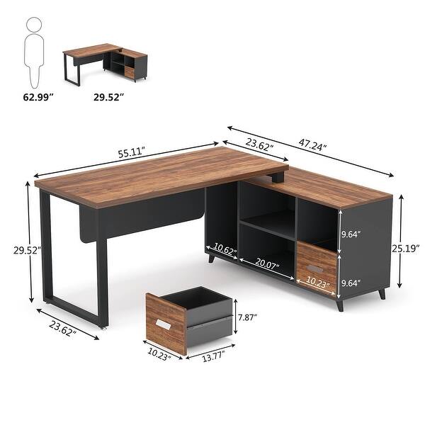55 Inch L Shaped Executive Desk with 2 Drawers Cabinet