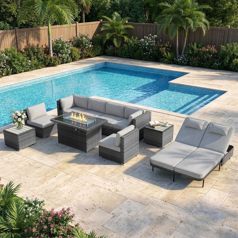 Outdoor Sectional Conversation Set PE Wicker with Double Chaise Lounge, 60,000 BTU Fire Pit Table