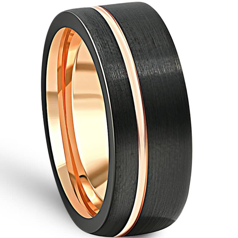 Men's Brushed Black Tungsten Rose Gold Plated Two Tone 8mm Ring Wedding Band