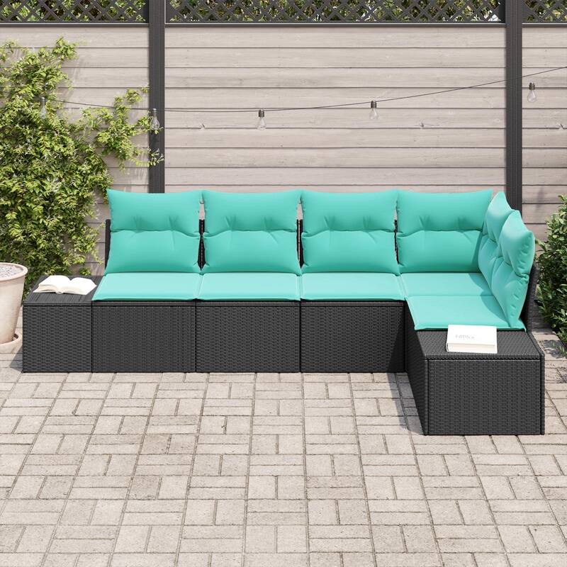 vidaXL 6 Piece Garden Sofa Set with Cushions Black Poly Rattan - 24 x 72 x 33 in