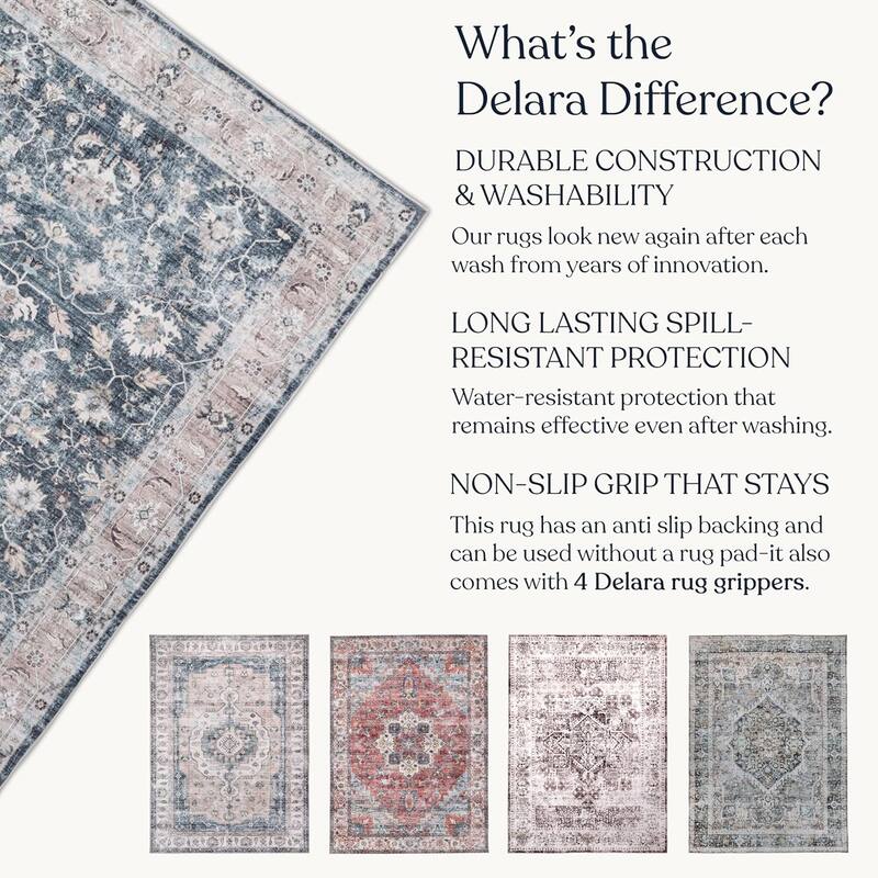 Delara Machine Washable Area Rug, Soft & Durable, Non-Slip Backing, Eco- Friendly GRS certified