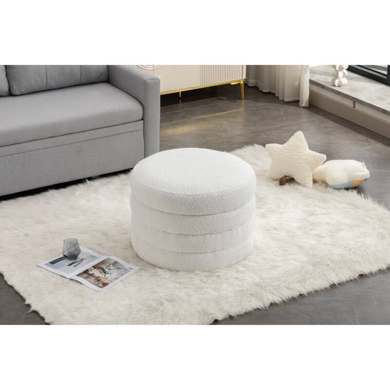 Boucle Fabric Storage Round Ottoman Footstool With Wooden Shelving,Ivory
