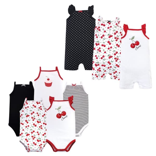slide 1 of 1, Hudson Baby Infant Girl Cotton Bodysuits and Rompers, 8-Piece, Cherries 0 - 3 Months - Red