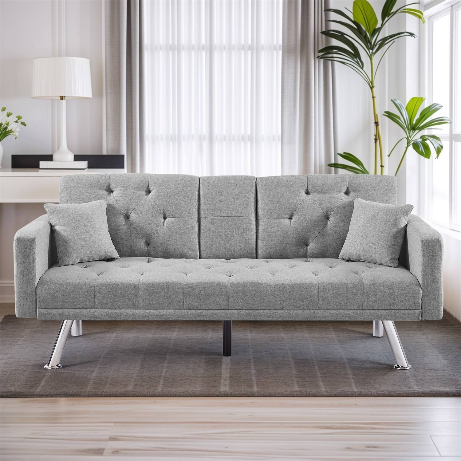 Linen Modern Folding Futon, Reclining Sofa Bed for Apartment, Dorm