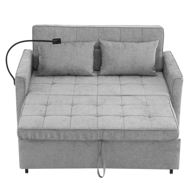Roomfitters Loveseat Pull-Out Sofa Bed with Reversible Backrest Cushion, Side Pockets, USB Ports, and Phone Holder