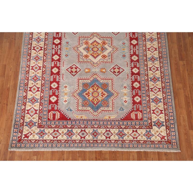 Kazak Area Rug Hand-Knotted Geometric Grey Wool Carpet - 6'9" x 9'8"