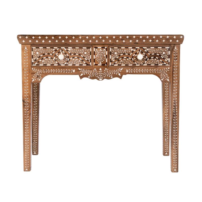 Rashmi 36 in. W Rectangular Teak & Bone 2 Drawer Console Table