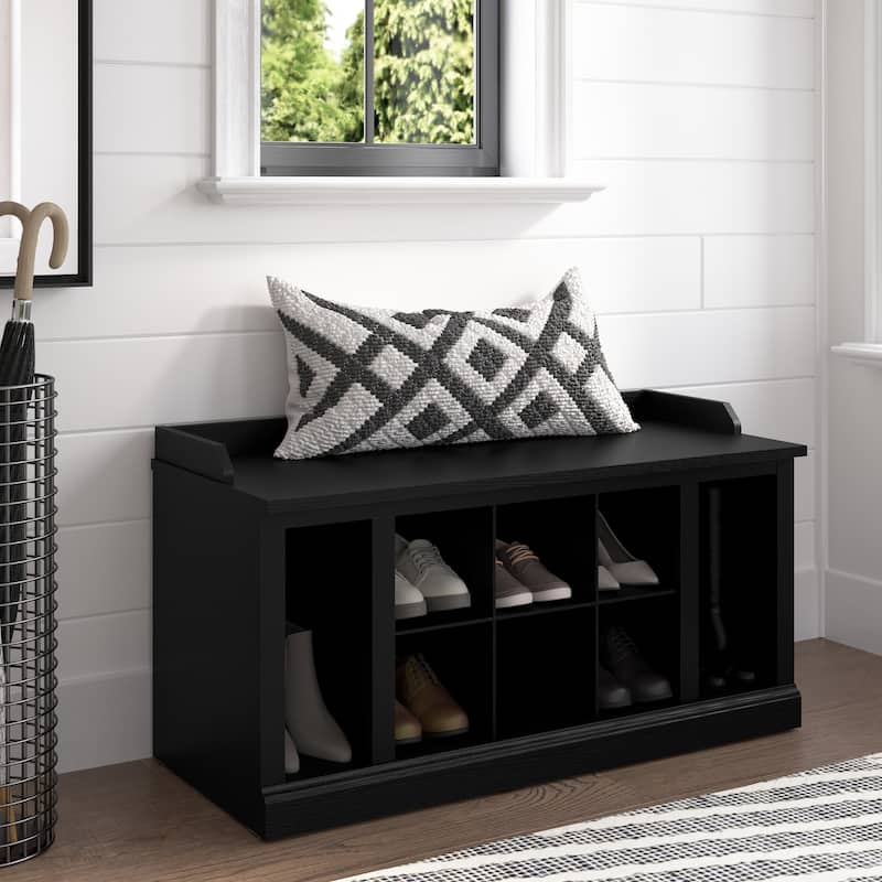 Woodland 40W Shoe Storage Bench with Shelves by Bush Furniture - Black Suede Oak