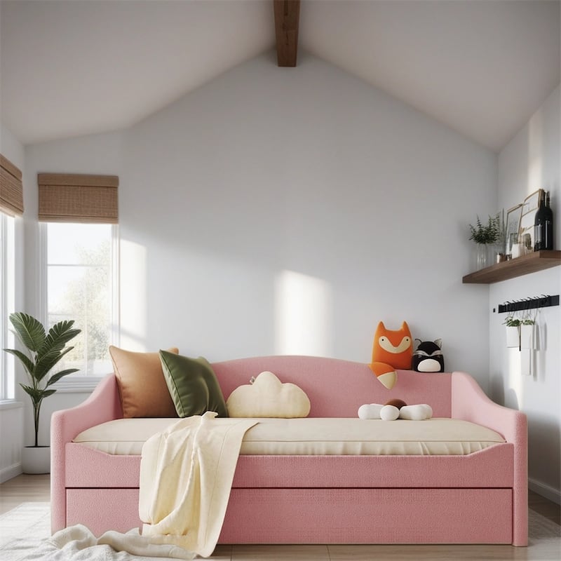 Full Size Upholstered Daybed with LED Light and Trundle - Pink
