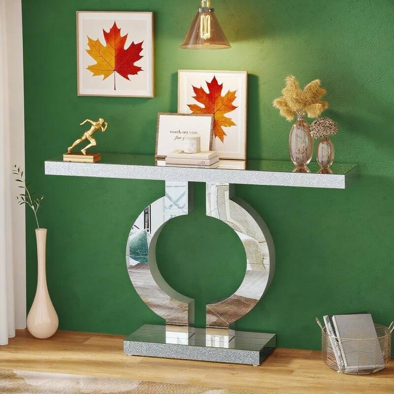 Acrylic and Glass Console Table with O-Shaped Base Design - 43.11"W x 11.61"D x 31.89"H - Silver