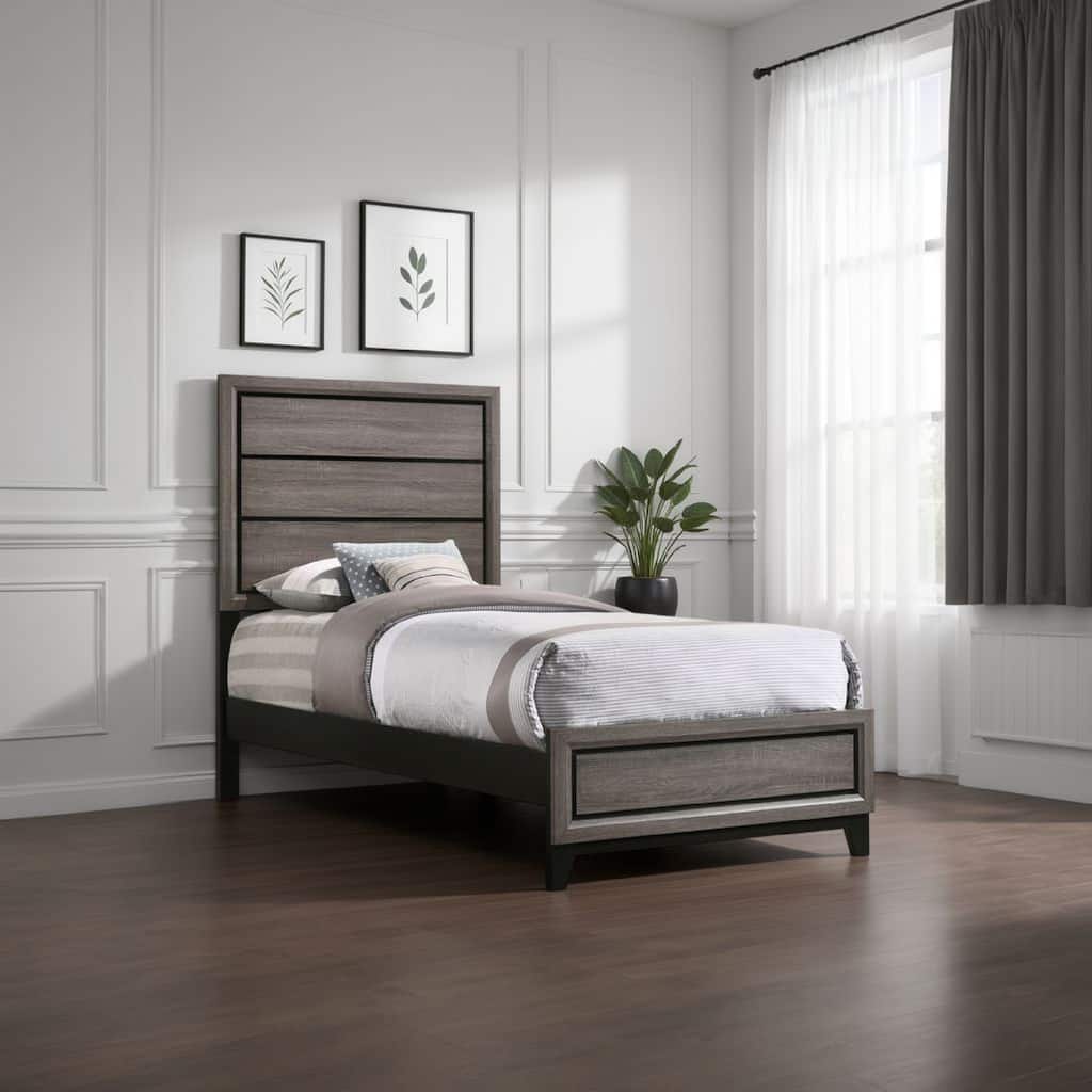 Mela Twin Size Panel Bed, Groove Design, Tapered Legs, Gray and Black