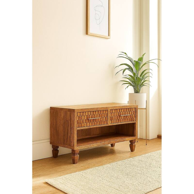 Artisan Furniture solid wood Arno Shoe Storage Unit in Golden Teak, 2-Drawers, 1-shelf - N/A - golden