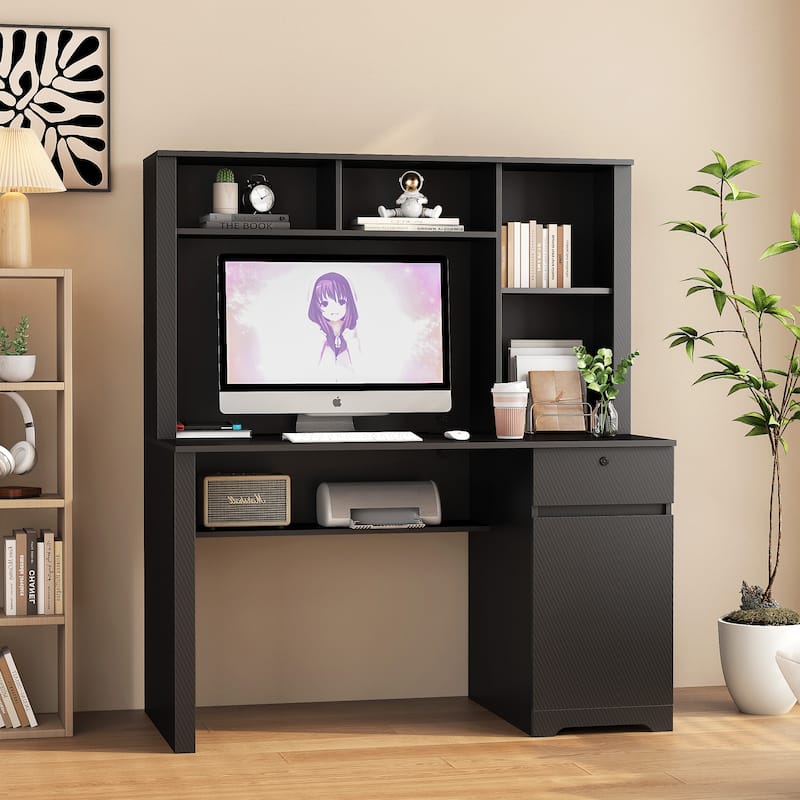 Computer Desk with Hutch & Bookshelf,Wood Executive Desk Laptop Desk with Drawers,3 AC Outlets and 2 USB Charging Ports