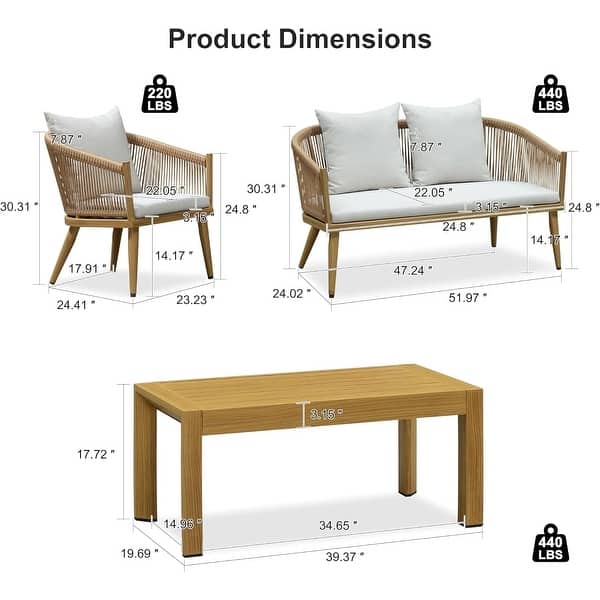 dimension image slide 1 of 3, PURPLE LEAF 4-Piece Wicker Outdoor Patio Furniture Set Aluminum Rattan Sofa