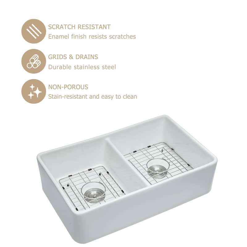 Kichae 32 Inch Ceramic Sink Undermount Double Bowl Low Divider White Kitchen Sink - 32 in.W x 20 in.D x 9 in.H