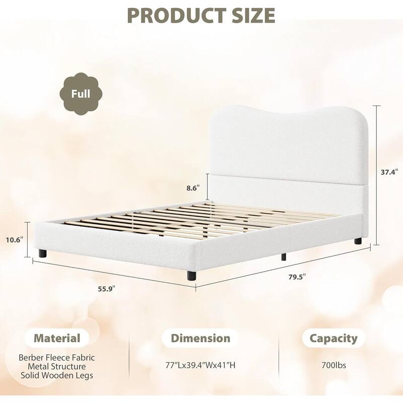 Upholstered Boucle Bed Frame with Headboard, No Box Spring Needed, White