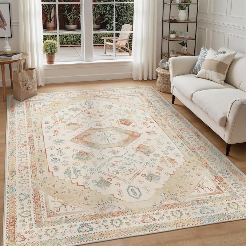 Mcow Faded Floral Vintage Collection Low-Pile Machine-Washable Area Rug - 8' x 10' - Orange - Rectangle