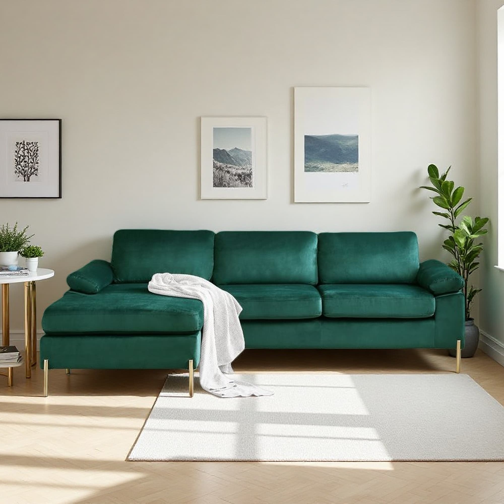 101" Velvet L-Shaped Sectional Sofa with Brass Gold Legs and Removable Cushions (3-Seater)