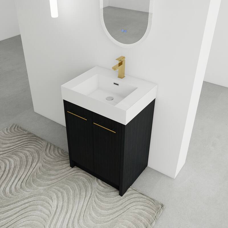 24" Bathroom Vanity with Resin Sink, Soft Close Hinges, Adjustable Storage, Black Chestnut Color, Freestanding Cabinet