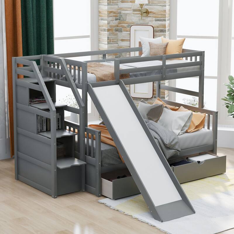 Twin Over Full Bunk Bed, Multi-Function Kids Bunkbed with Slide, 2 Drawers & Storage Stairs, Wooden Staircase Bunkbeds Frame