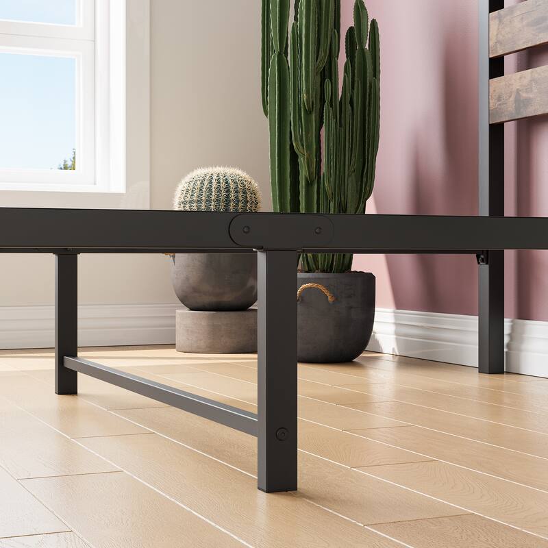Metal Frame Platform Bed with Rustic Headboard, Wood Slats Support Bed