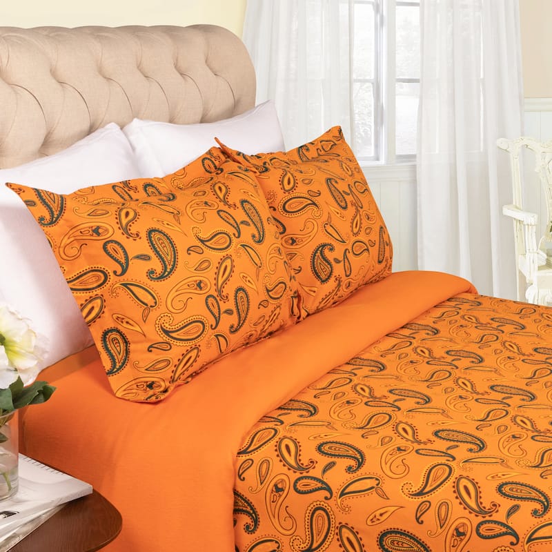 Vintage Floral Paisley Flannel Cotton Duvet Cover Set by Superior - Pumpkin - Twin