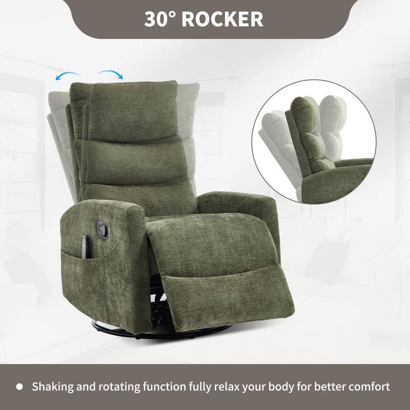Roomfitters Manual Swivel Rocker Recliner Chair with Heat and Massage Fabric Glider Lounge Sofa for Living Room