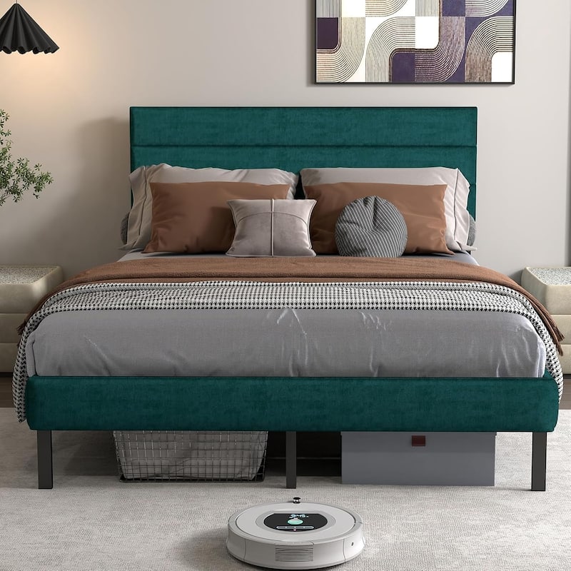 Queen Size Upholstered Platform Bed with Headboard and 14'' Underbed Storage - Black+Green