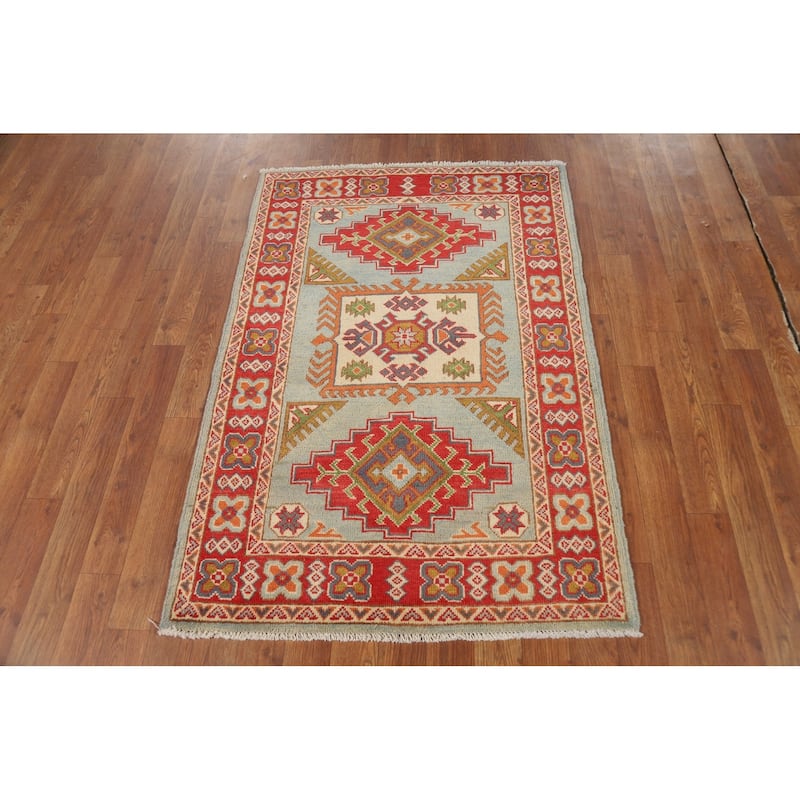 Geometric Blue Kazak Foyer Rug Hand-Knotted Wool Carpet - 2'10"x 4'3"