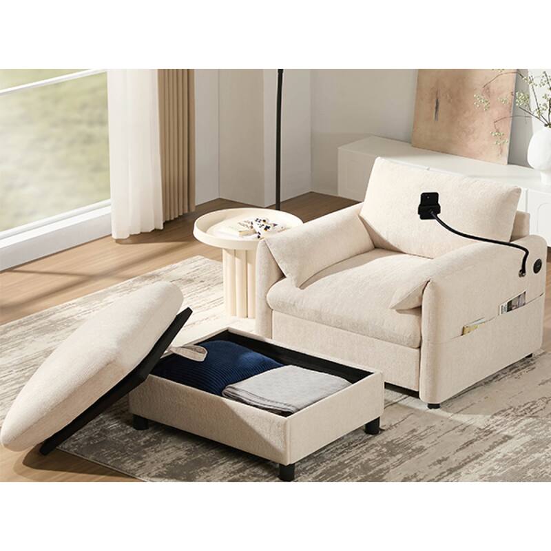 Roomfitters 37" Single Sofa with Storage Ottoman, Chenille Armchair with Phone Holder and Charging Ports, Lounge Chair