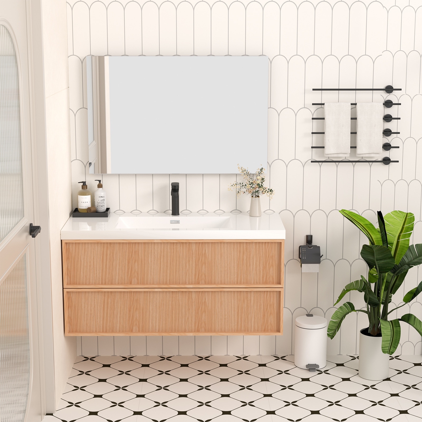 Zephyris 48 in. 60 in. Light Walnut Floating Bathroom Vanity with Vertical Groove Panels