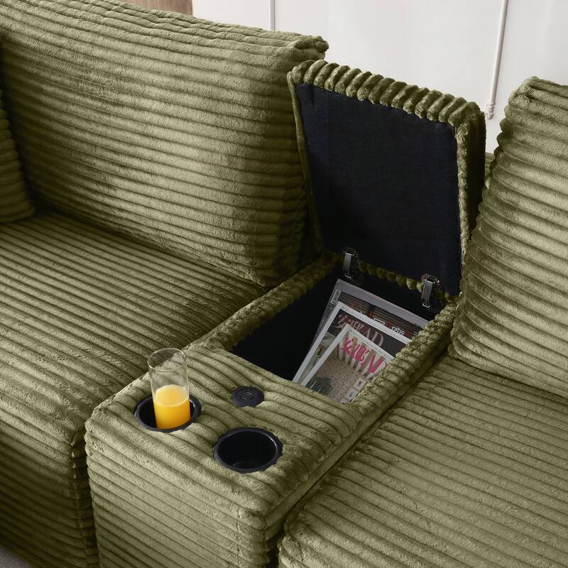 Modular Sectional Sofa, Deep Seat Corduroy Cloud Couch with Cup Holders, USB Ports & Storage Box