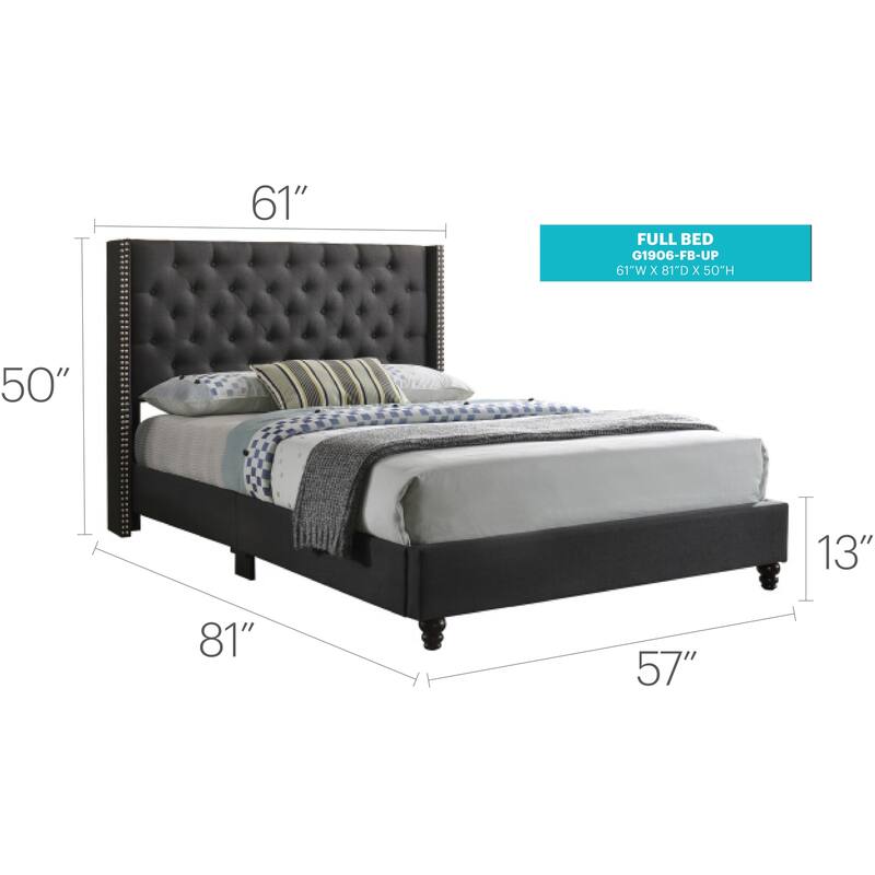 Modern Upholstered Bed Frame - Full Size Bed with Deep Tufted Headboard - Black Finish