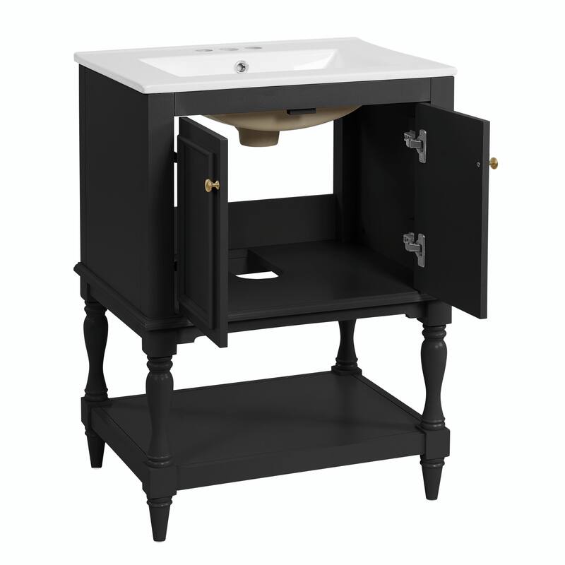 24" Modern Luxury Bathroom Vanity with Ceramic Sink, Freestanding Cabinet with Open Shelf and Enclosed Storage
