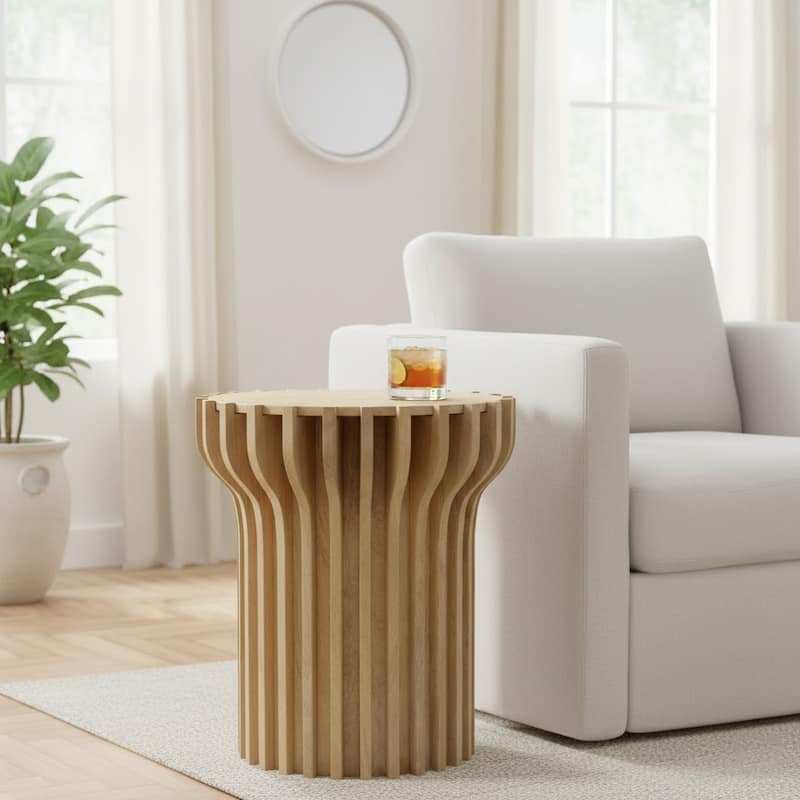 Decorative Travertine Accent Table with Wodden Carved Base- 25", White - 25.0"