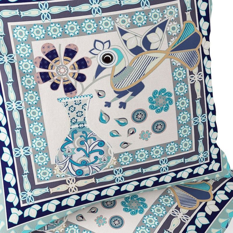 HomeRoots Set of Two 16" X 16" Beige and Black Peacock Blown Seam Floral Indoor Outdoor Throw Pillow - 16.00' X '16.00' X '5.00