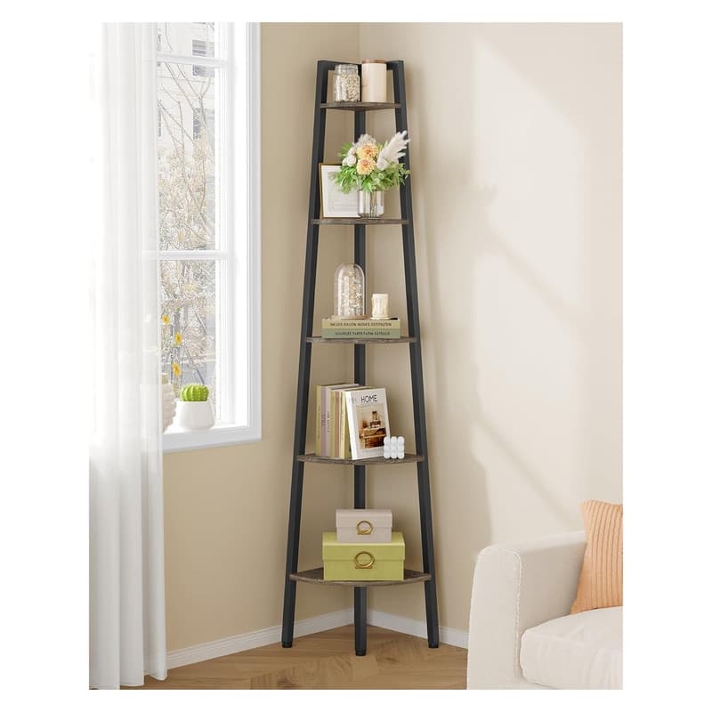 5-Tier Corner Bookshelf, Rustic Ladder Shelf