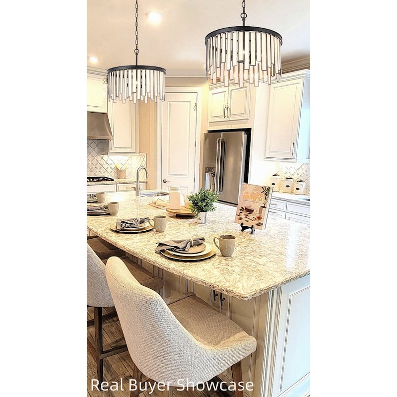 Tifany Modern 3-Light Drum Chandelier with Black White Glass for Kitchen Island Foyer - D16"* H15"