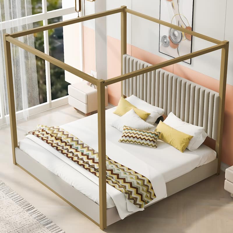 Canopy Bed, Low Profile Platform Bed with Striped Upholstered Headboard Wingback Bed Metal Four Poster Bed Frame, Grounded Bed - Beige - King