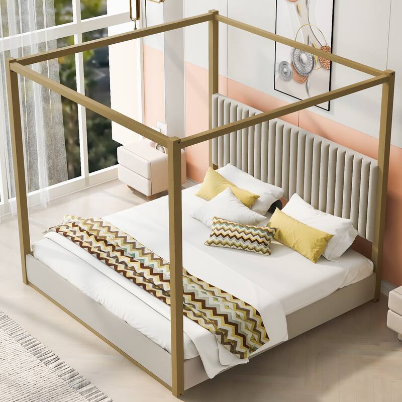 Upholstery Metal Frame Canopy Platform Bed with Headboard