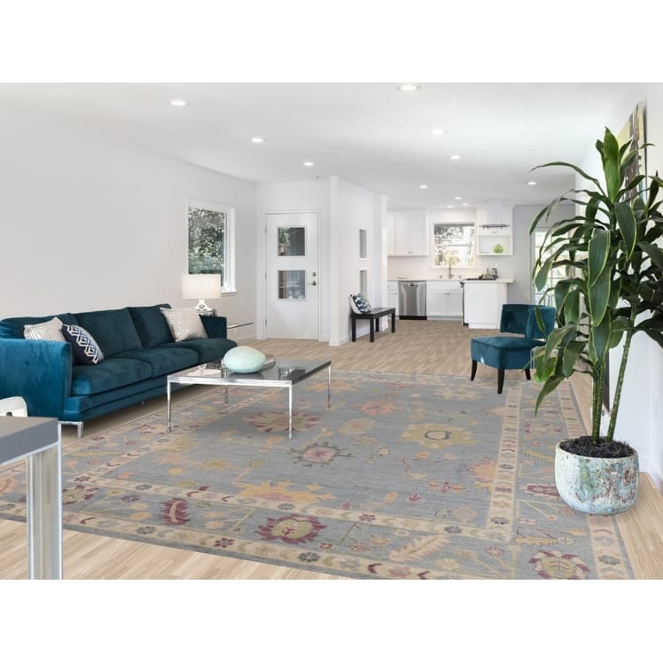 Hand Knotted Oriental 100% Wool Carpet Transitional All-Over Navy Blue & Blues Oushak Area Rug - 12' 2'' X 8' 9''