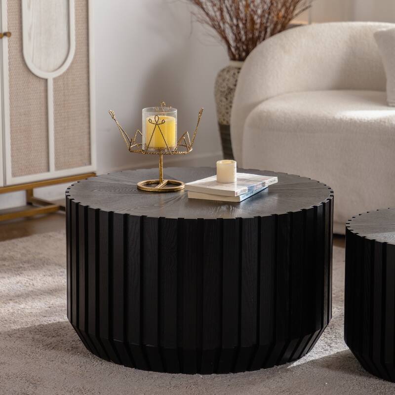 Coffee Table Nesting End Table Set of 2, Modern Black Fluted Coffee Table, Wood Side Table, Circle Accent Tables